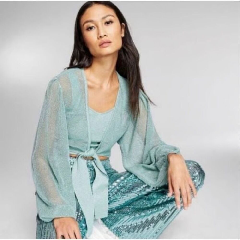 INC International Concepts Glitter sheer Wrap Knit Cardigan mint green sz L NWT